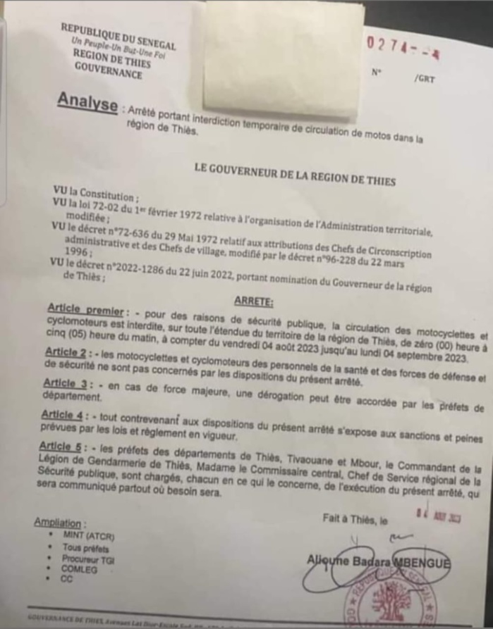 Région de Thiès: Le gouverneur interdit la circulation des motocyclettes et cyclomoteurs de zéro heure à 5 heures. Région de Thiès: Le gouverneur interdit la circulation des motocyclettes et cyclomoteurs de zéro heure à 5 heures.