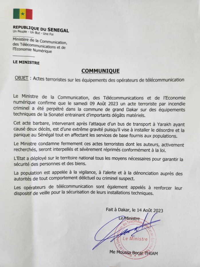 Incendie sur des équipements de la Sonatel : Le ministre des télécommunications condamne un « acte terroriste » et appelle à la vigilance Incendie sur des équipements de la Sonatel : Le ministre des télécommunications condamne un « acte terroriste » et appelle à la vigilance