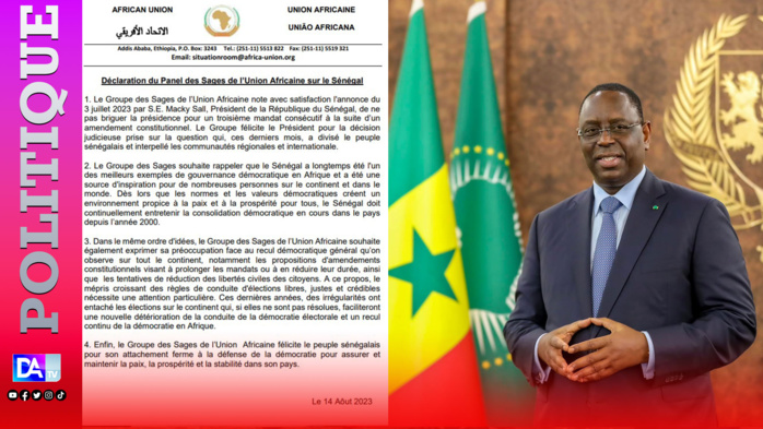 Le Groupe des sages de l'Union Africaine se félicite de la décision du président Macky Sall de ne pas " briguer la présidence pour un 3e mandat". Le Groupe des sages de l'Union Africaine se félicite de la décision du président Macky Sall de ne pas " briguer la présidence pour un 3e mandat".
