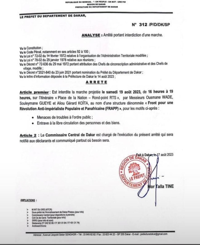 Marche des membres du « Chemin de la Libération : Le préfet de Dakar brandit l’interdiction à Guy Marius Sagna et Cie Marche des membres du « Chemin de la Libération : Le préfet de Dakar brandit l’interdiction à Guy Marius Sagna et Cie