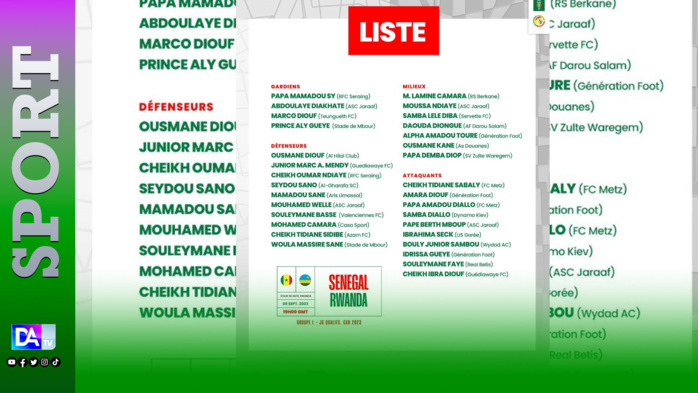 Rwanda vs Sénégal : 31 Lions convoqués avec un mixte entre l’équipe locale et les U20, Bouly Junior et Amara Diouf convoqués ! Rwanda vs Sénégal : 31 Lions convoqués avec un mixte entre l’équipe locale et les U20, Bouly Junior et Amara Diouf convoqués !