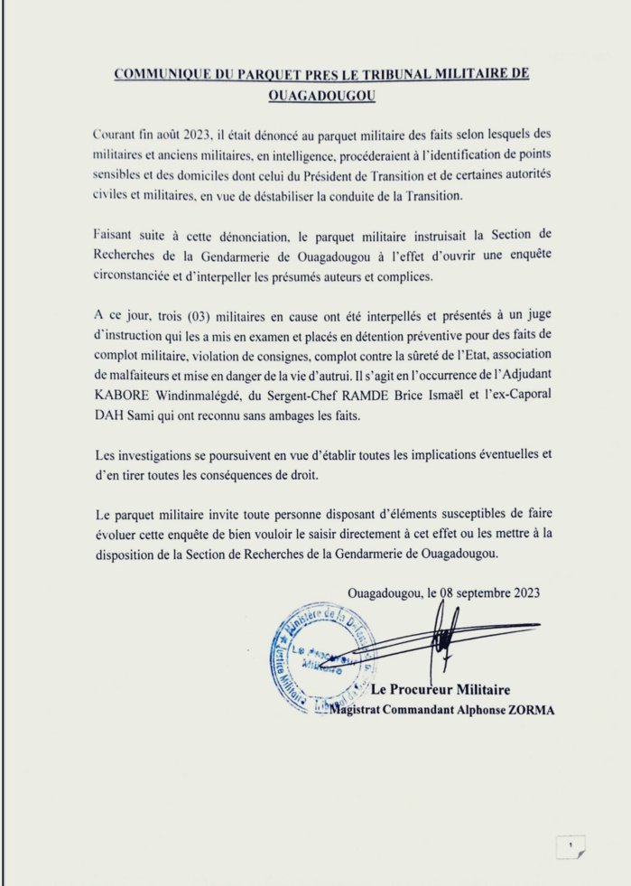 Ouagadougou/ Identification de points sensibles et des domiciles des personnalités civiles et militaires: Le parquet militaire ordonne l'ouverture d'une enquête...3 soldats interpellés 