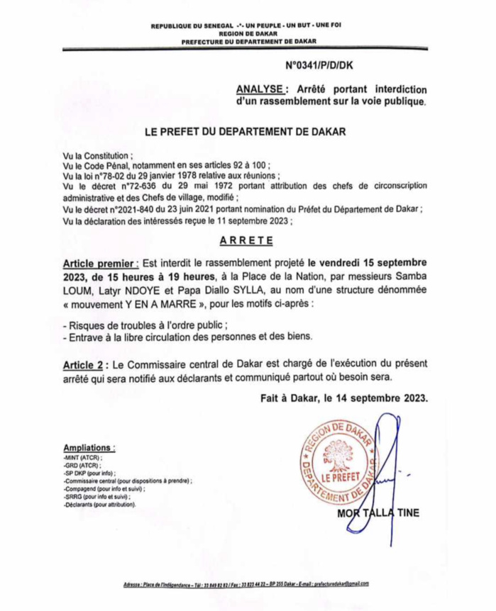 Dakar : Le préfet interdit la manifestation du F24 prévue ce vendredi à la Place de la Nation