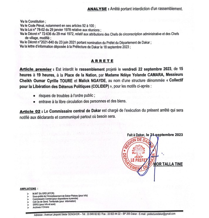 Dakar : Le préfet interdit le rassemblement du COLIDEP prévu ce vendredi Dakar : Le préfet interdit le rassemblement du COLIDEP prévu ce vendredi