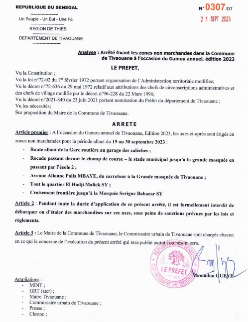 Gamou Tivaouane 2023 : Le préfet fixe les zones non-marchandes jusqu'au 30.septembre