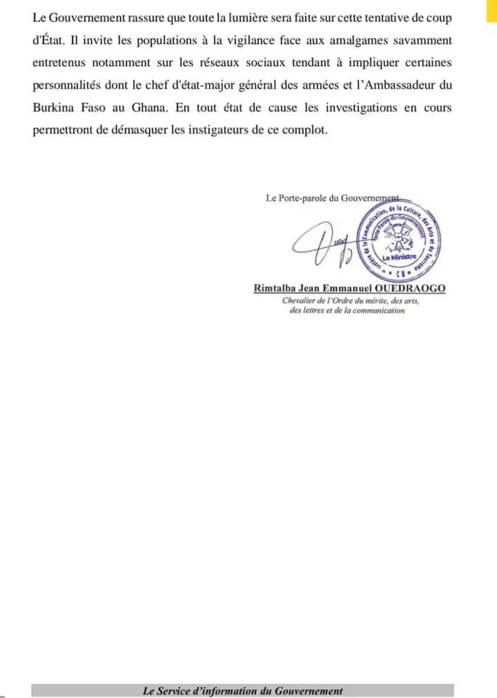 Burkina Faso: Une tentative de coup d’État déjouée...Des officiers arrêtés(Gouvernement) Burkina Faso: Une tentative de coup d’État déjouée...Des officiers arrêtés(Gouvernement)