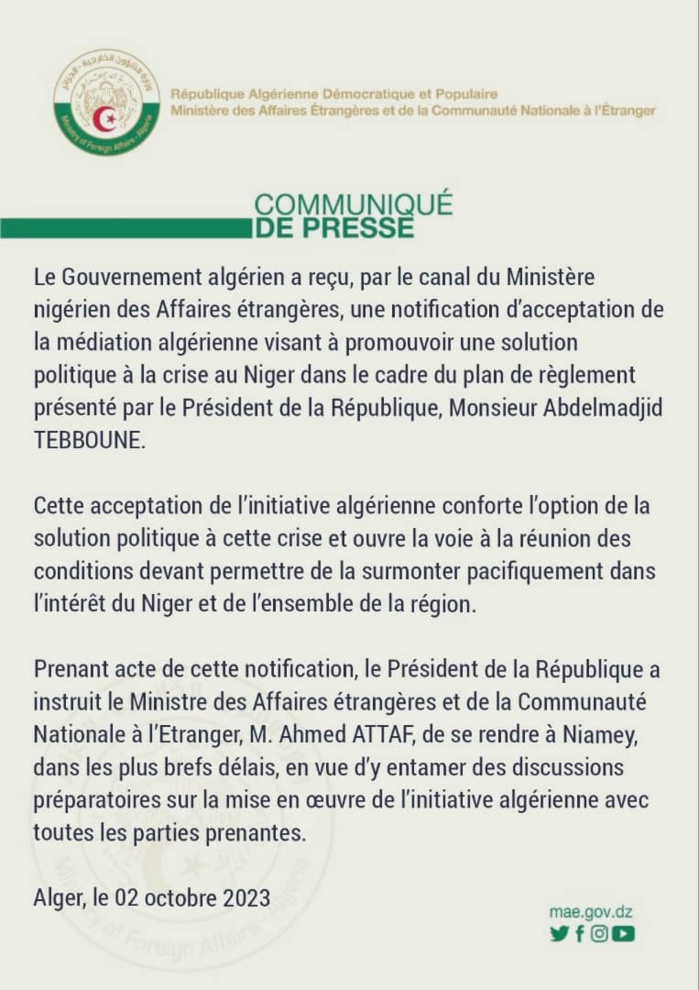 Niger : Les autorités acceptent la médiation algérienne pour une "solution politique" face à la crise... Niger : Les autorités acceptent la médiation algérienne pour une "solution politique" face à la crise...