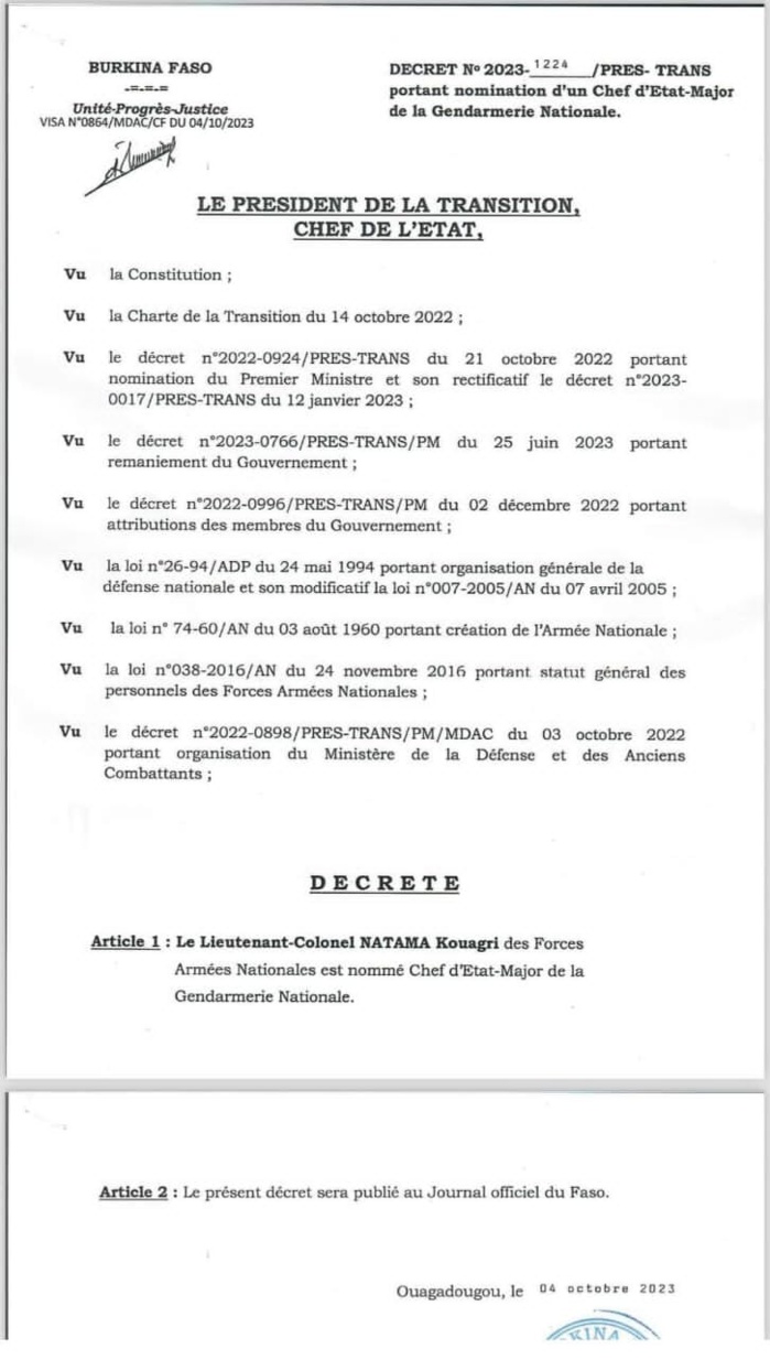 Burkina Faso : Le chef d'état-major de la gendarmerie nationale démis de ses fonctions Burkina Faso : Le chef d'état-major de la gendarmerie nationale démis de ses fonctions