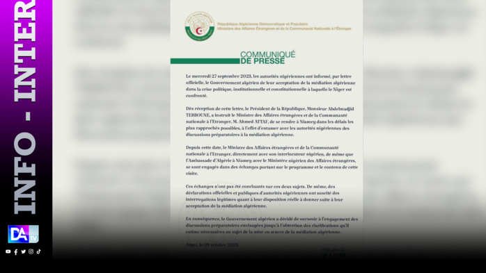 Mission de médiation au Niger: Le gouvernement algérien décide de surseoir à l'engagement des discussions Mission de médiation au Niger: Le gouvernement algérien décide de surseoir à l'engagement des discussions