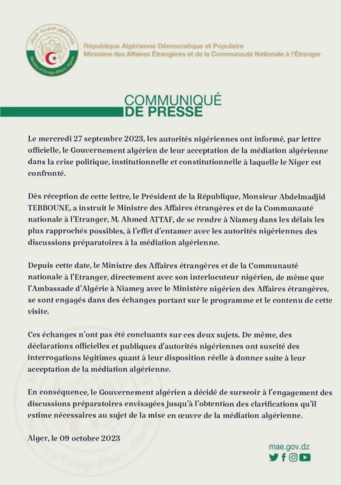 Mission de médiation au Niger: Le gouvernement algérien décide de surseoir à l'engagement des discussions Mission de médiation au Niger: Le gouvernement algérien décide de surseoir à l'engagement des discussions