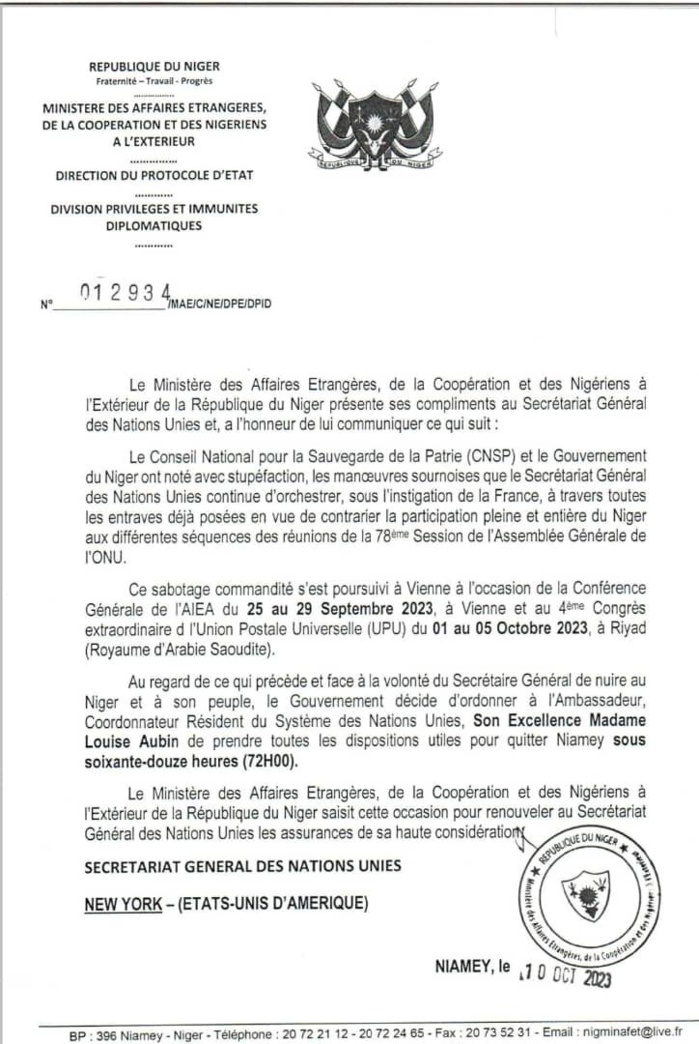 Niger: Le gouvernement accuse le SG de l'ONU et exige le départ du chef de la mission diplomatique de l'ONU dans les 72 heures