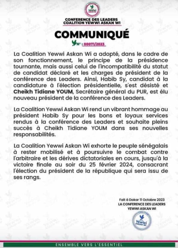 Conférence des leaders de YAW:  Habib SY candidat à la présidentielle, cède la place à Cheikh Tidiane Youm