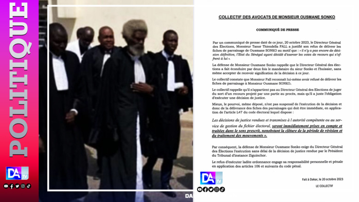 Sortie de Tanor Thiendella Fall/ Le collectif des avocats de Ousmane Sonko réagit. " Il n'appartient pas au Directeur Général des Élections de juger du sort d'un recours projeté par une partie au procès..."