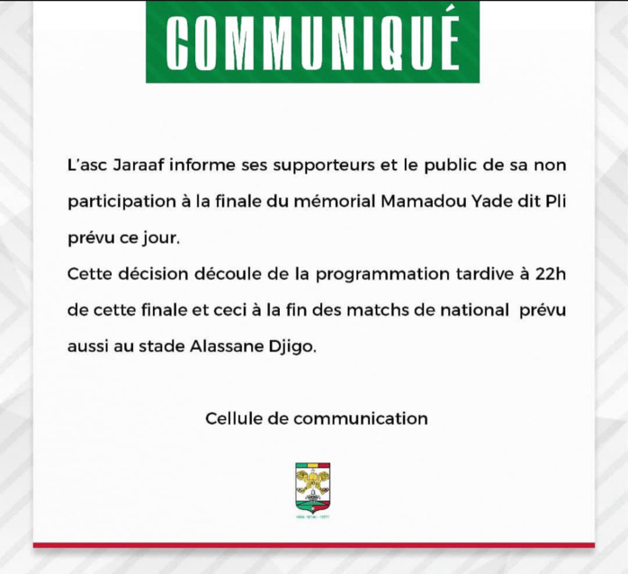 Finale du mémorial « Pape Yade » : Le Jaraaf annonce son désistement au denier moment ! Finale du mémorial « Pape Yade » : Le Jaraaf annonce son désistement au denier moment !