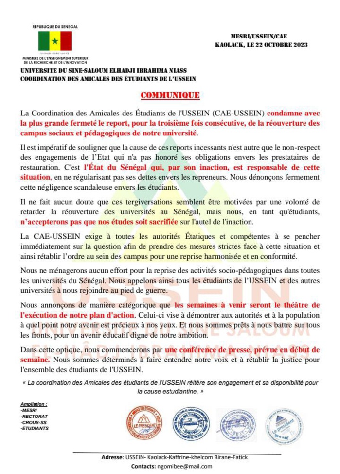 USSEIN: La Coordination des Amicales des Étudiants( CAE) déplore le report de la réouverture des campus sociaux et pédagogiques