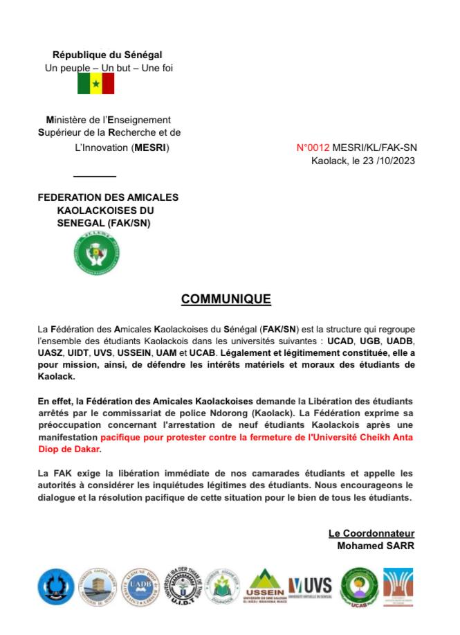 Kaolack/ Manifestation contre la fermeture de l'UCAD: La fédération des Amicales fustige l'arrestation de 9 étudiants Kaolackois et demande leur libération