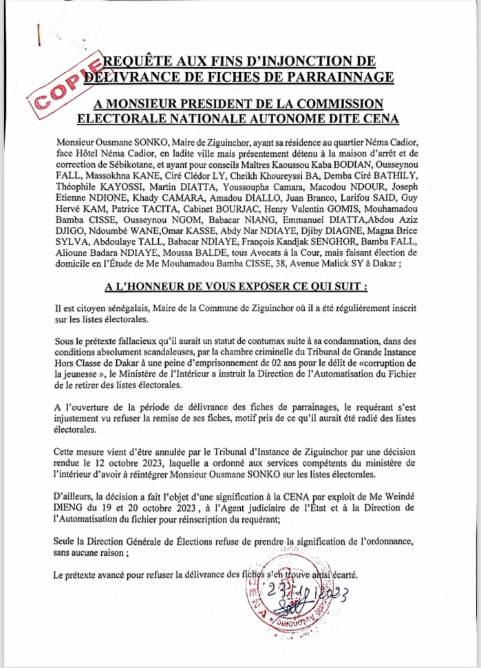 Réintégration de Ousmane Sonko : les avocats de l’opposant saisissent la CENA pour dessaisir la DGE. Réintégration de Ousmane Sonko : les avocats de l’opposant saisissent la CENA pour dessaisir la DGE.