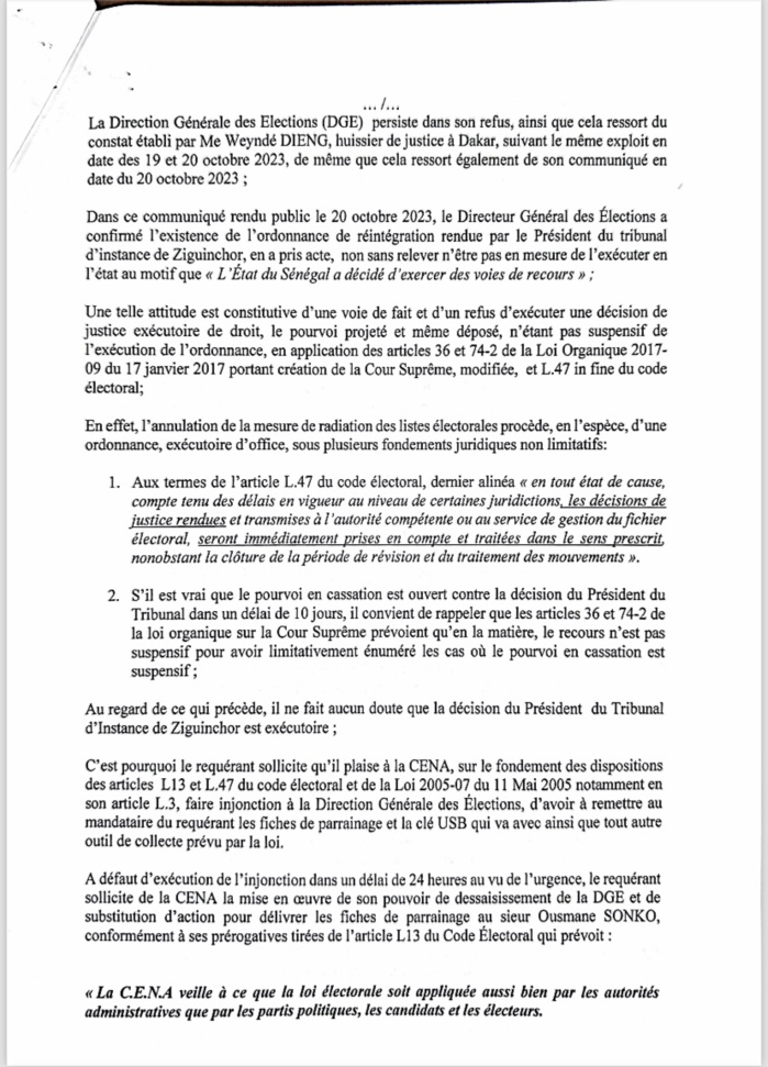 Réintégration de Ousmane Sonko : les avocats de l’opposant saisissent la CENA pour dessaisir la DGE. Réintégration de Ousmane Sonko : les avocats de l’opposant saisissent la CENA pour dessaisir la DGE.