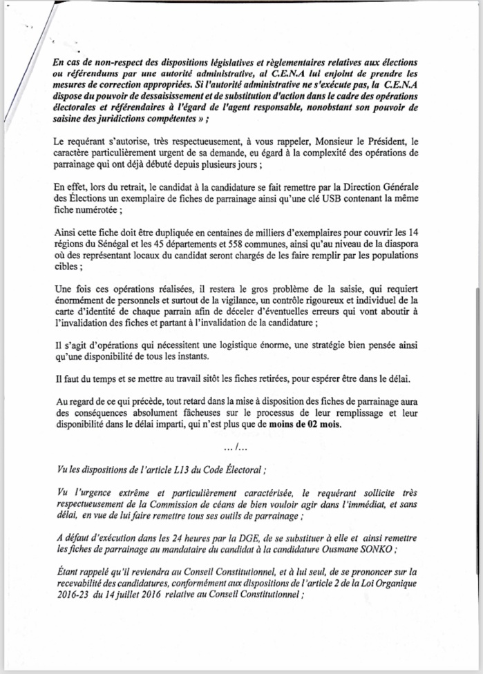 Réintégration de Ousmane Sonko : les avocats de l’opposant saisissent la CENA pour dessaisir la DGE. Réintégration de Ousmane Sonko : les avocats de l’opposant saisissent la CENA pour dessaisir la DGE.