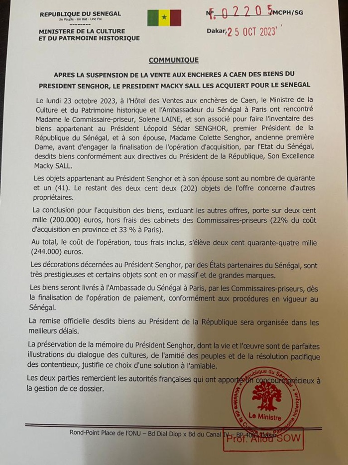 Suspension de la vente aux enchères des biens du Président Senghor: Le Président Macky Sall les acquiert pour le Sénégal...Le coût de l'opération s'élève à 159.576.000 Fcfa(244.000 euros) Suspension de la vente aux enchères des biens du Président Senghor: Le Président Macky Sall les acquiert pour le Sénégal...Le coût de l'opération s'élève à 159.576.000 Fcfa(244.000 euros)