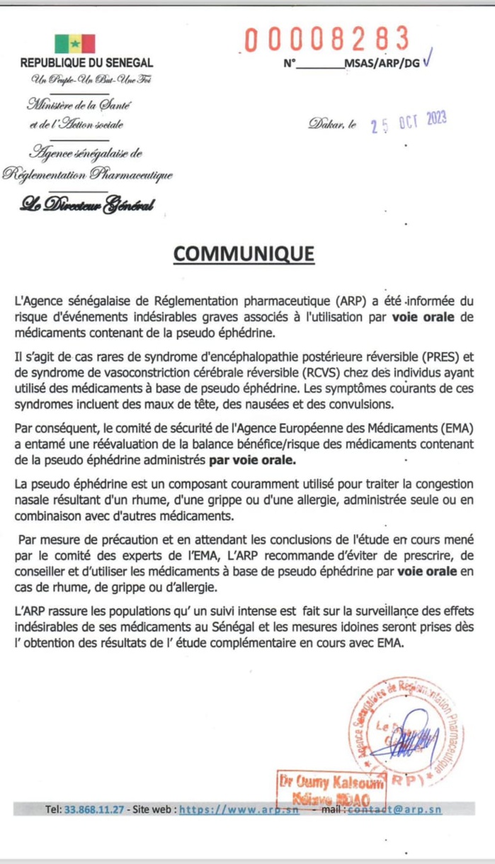 Sénégal/ En cas de rhume, de grippe ou d'allergie: l'ARP recommande d'éviter de prescrire, de conseiller et d'utiliser les médicaments à base de pseudo éphédrine par voie orale Sénégal/ En cas de rhume, de grippe ou d'allergie: l'ARP recommande d'éviter de prescrire, de conseiller et d'utiliser les médicaments à base de pseudo éphédrine par voie orale