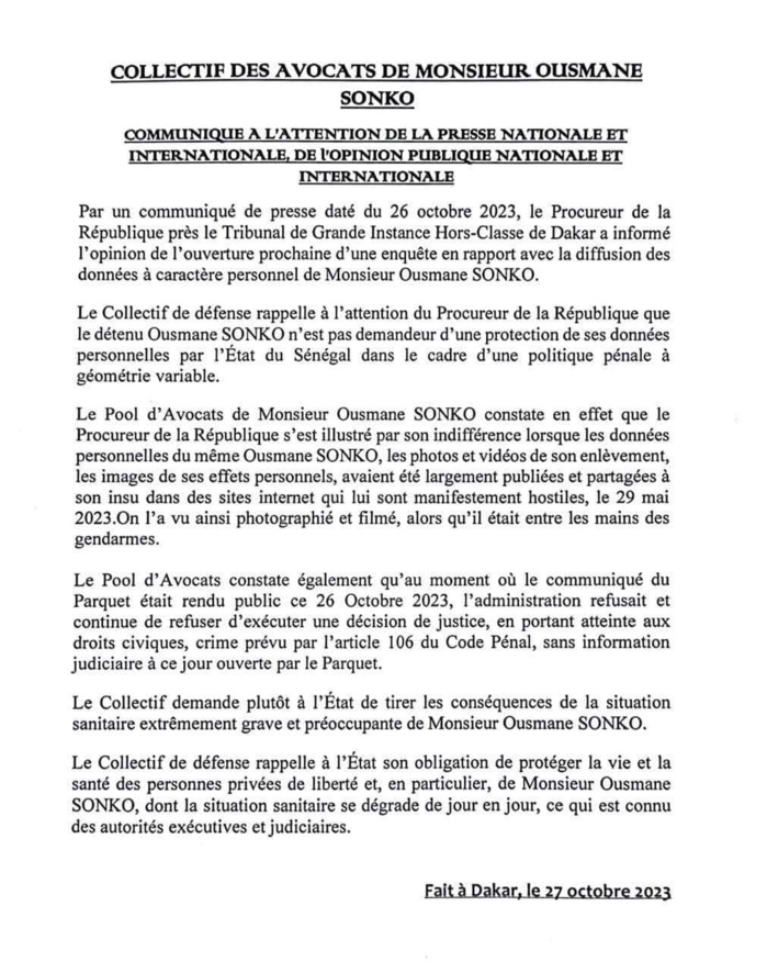 Informations distillées sur l’état de santé de Sonko / Ses avocats répondent au procureur : « Il n’est pas demandeur de protection de ses données » Informations distillées sur l’état de santé de Sonko / Ses avocats répondent au procureur : « Il n’est pas demandeur de protection de ses données »