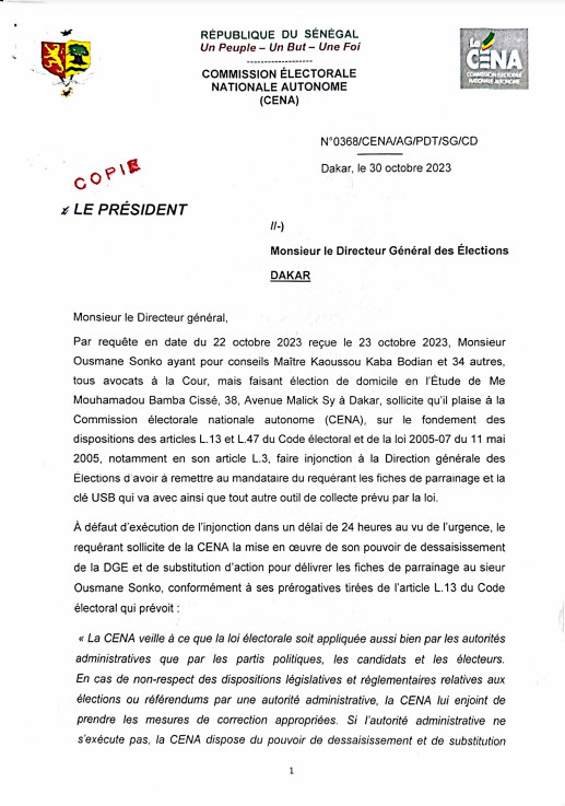Présidentielle 2024: La CENA invite " la DGE à prendre toutes les dispositions nécessaires pour faire tenir à la disposition du mandataire de Ousmane Sonko la fiche de parrainage, la clé USB...