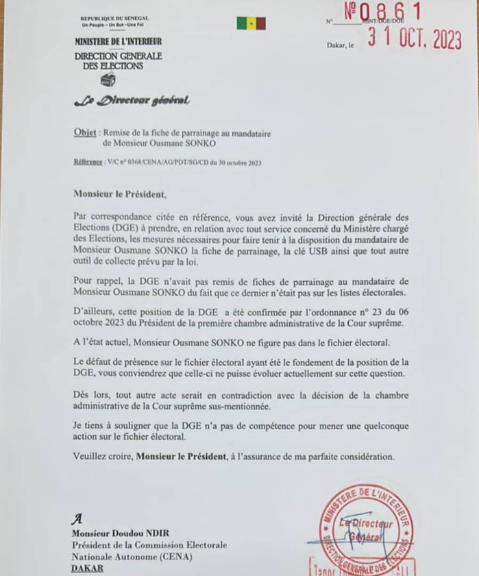 La DGE répond à la CENA: La direction générale des élections maintient sa position et insiste sur " le défaut de présence de Sonko sur le fichier électoral" La DGE répond à la CENA: La direction générale des élections maintient sa position et insiste sur " le défaut de présence de Sonko sur le fichier électoral"