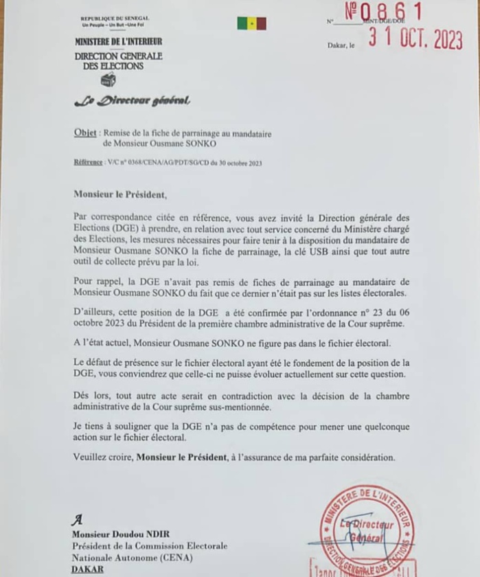 La DGE répond à la CENA: La direction générale des élections maintient sa position et insiste sur  " le défaut de présence de Sonko sur le fichier électoral"