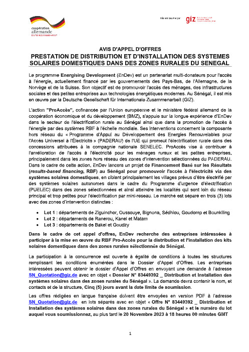 Électrification rurale : Le programme Energizing Development (EnDev) lance l’appel d’offres pour plusieurs zones du Sénégal
