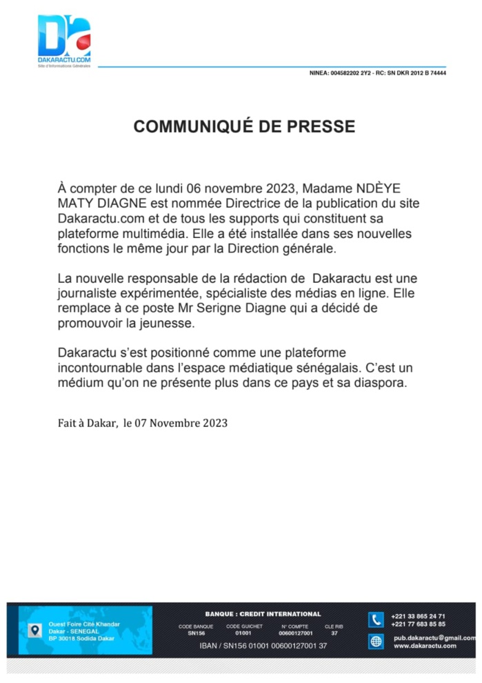 Presse: La journaliste Ndèye Maty Diagne nommée directrice de publication( Dirpub) du site Dakaractu.com Presse: La journaliste Ndèye Maty Diagne nommée directrice de publication( Dirpub) du site Dakaractu.com