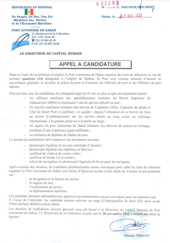 Port de Dakar : La direction lance un appel à candidature pour 14 sénégalais Port de Dakar : La direction lance un appel à candidature pour 14 sénégalais