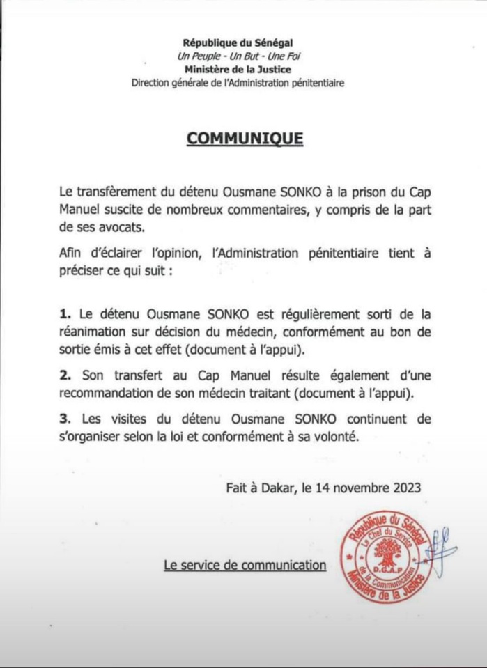 Transfèrement de Ousmane Sonko au Cap Manuel: « Une recommandation de son médecin traitant » (Administration pénitentiaire) Transfèrement de Ousmane Sonko au Cap Manuel: « Une recommandation de son médecin traitant » (Administration pénitentiaire)