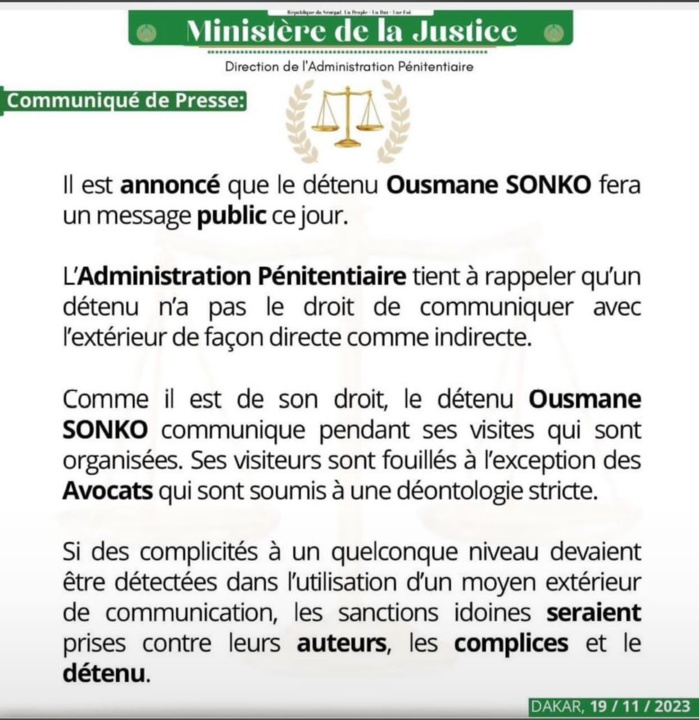 Message annoncé d’Ousmane Sonko depuis son lieu de détention : Les précisions de l’administration pénitentiaire Message annoncé d’Ousmane Sonko depuis son lieu de détention : Les précisions de l’administration pénitentiaire