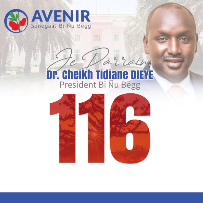 Présidentielle 2024: Le Dr. Cheikh Tidiane Dièye procède ce lundi 27 novembre au lancement de ses opérations de collecte du parrainage citoyen Présidentielle 2024: Le Dr. Cheikh Tidiane Dièye procède ce lundi 27 novembre au lancement de ses opérations de collecte du parrainage citoyen