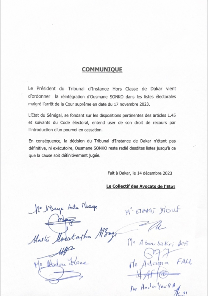 Réintégration de Ousmane Sonko: le collectif des avocats de l’Etat annonce un pourvoi en cassation et précise Réintégration de Ousmane Sonko: le collectif des avocats de l’Etat annonce un pourvoi en cassation et précise