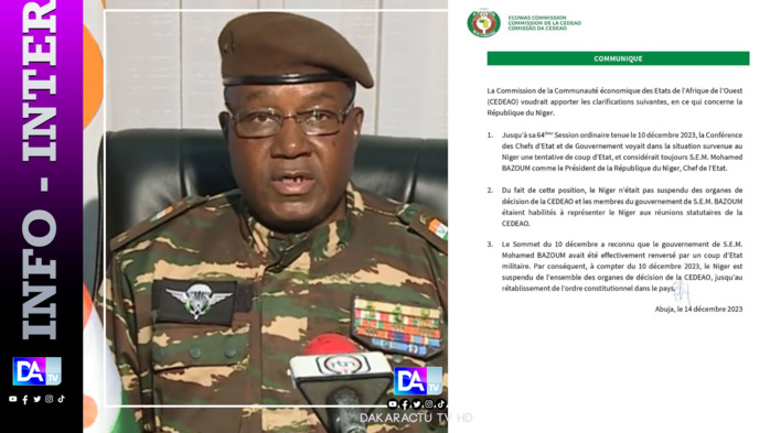 Niger: La CEDEAO acte le coup d'État militaire et suspend officiellement le pays de l'ensemble de ses organes de décision Niger: La CEDEAO acte le coup d'État militaire et suspend officiellement le pays de l'ensemble de ses organes de décision