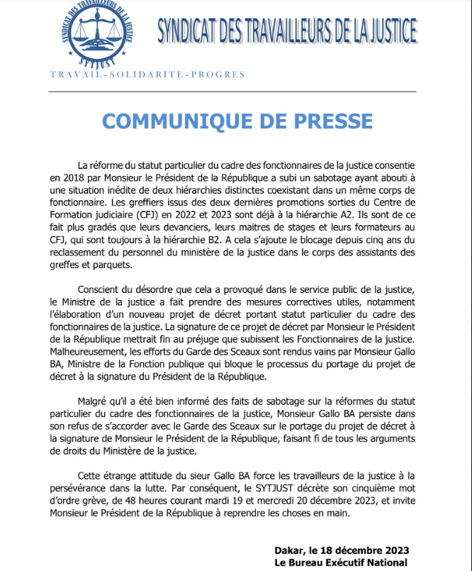 Réforme du statut particulier du cadre des fonctionnaires de la justice: Le Sytjust décrète son cinquième mot d’ordre de grève et invite le PR à reprendre les choses en main.