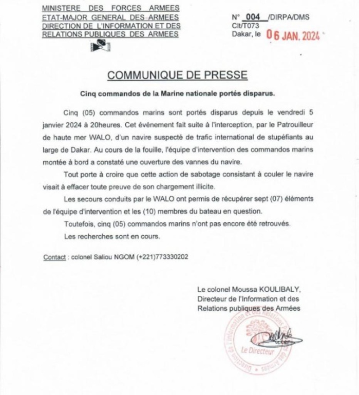 5 commandos de la Marine Nationale portés disparus lors de l’interception d’un navire suspecté de trafic illicite de stupéfiants