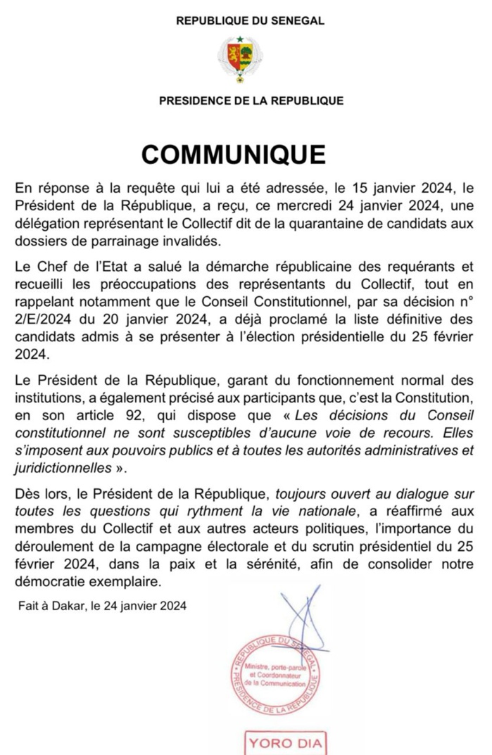 Audience avec les candidats recalés : les précisions du président Macky sur les décisions du CC Audience avec les candidats recalés : les précisions du président Macky sur les décisions du CC