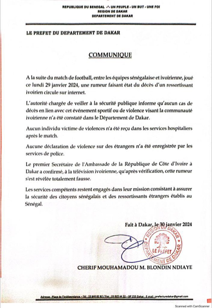 CAN 2023-FakeNews: "Un ivoirien lynché à mort à Dakar", le préfet dément! CAN 2023-FakeNews: "Un ivoirien lynché à mort à Dakar", le préfet dément!