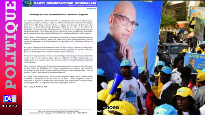 Scrutin présidentiel de 2024: Le Pds propose un report de 6 mois pour corriger « les défaillances du CC » Scrutin présidentiel de 2024: Le Pds propose un report de 6 mois pour corriger « les défaillances du CC »