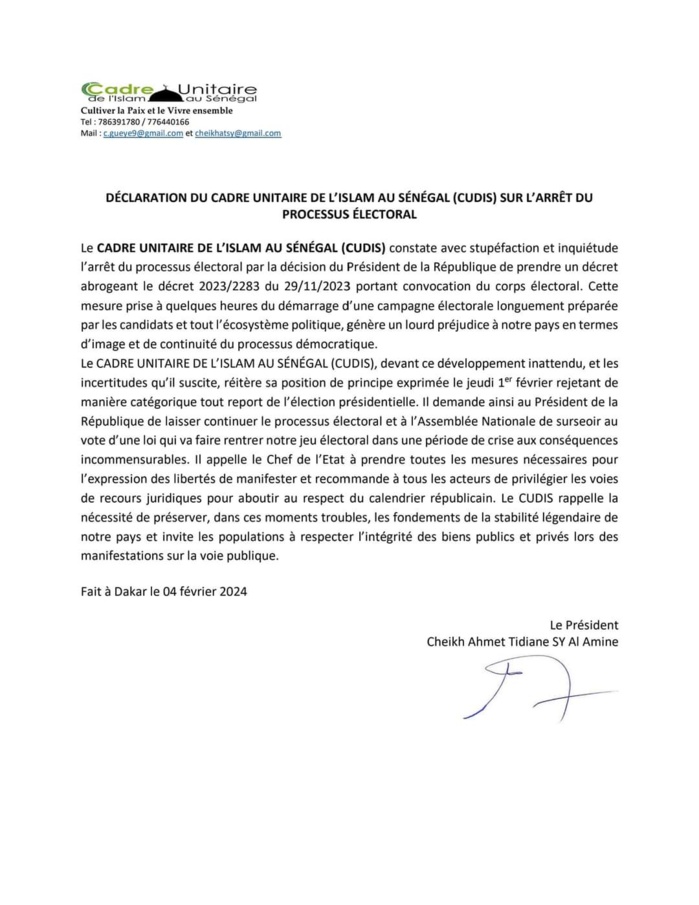 Présidentielle 2024: Le CUDIS invite le Président à continuer le processus et appelle contestataires à user des voies de recours juridiques Présidentielle 2024: Le CUDIS invite le Président à continuer le processus et appelle contestataires à user des voies de recours juridiques