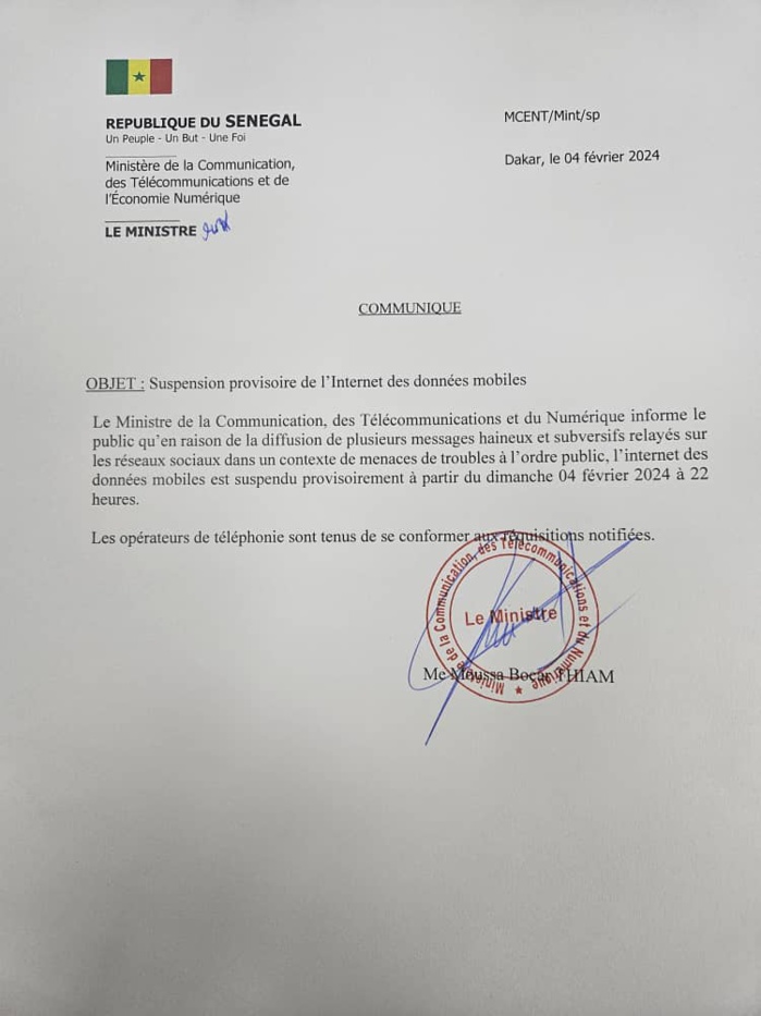 Sénégal : Suspension provisoire de l'Internet des données mobiles Sénégal : Suspension provisoire de l'Internet des données mobiles