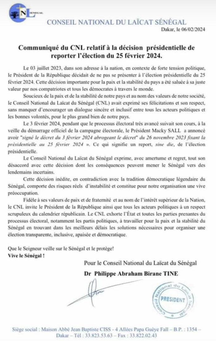 Report de la présidentielle: le Conseil National du Laïcat invite au respect scrupuleux du calendrier républicain. Report de la présidentielle: le Conseil National du Laïcat invite au respect scrupuleux du calendrier républicain.