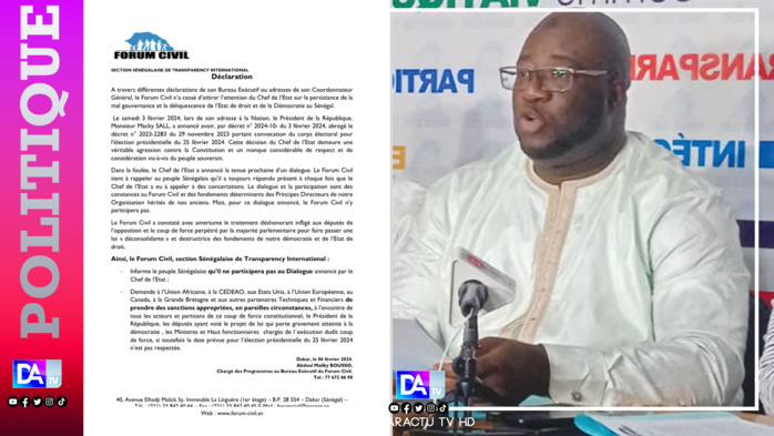 Validation du report de la présidentielle: le Forum Civil dénonce et appelle à des sanctions contre les auteurs. Validation du report de la présidentielle: le Forum Civil dénonce et appelle à des sanctions contre les auteurs.