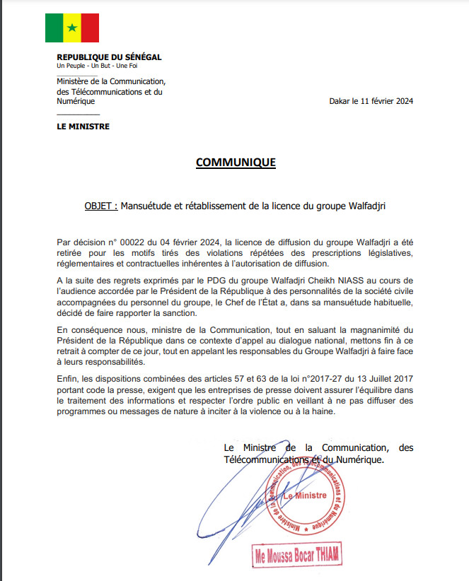 Restitution de la licence à Walfadjri : « Un acte d’indulgence et de pardon » selon le ministère des télécommunications