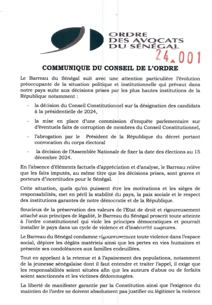 Crise politique au Sénégal : L'ordre des avocats appelle à situer les responsabilités, à sanctionner et à dédommager les victimes Crise politique au Sénégal : L'ordre des avocats appelle à situer les responsabilités, à sanctionner et à dédommager les victimes