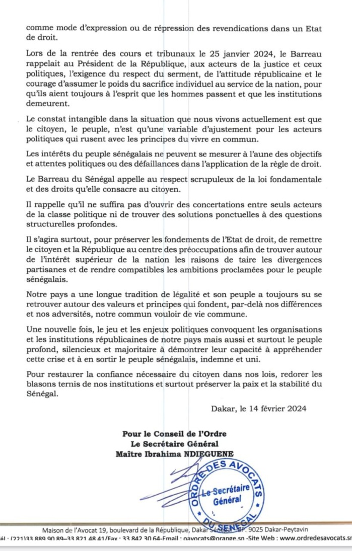 Crise politique au Sénégal : L'ordre des avocats appelle à situer les responsabilités, à sanctionner et à dédommager les victimes Crise politique au Sénégal : L'ordre des avocats appelle à situer les responsabilités, à sanctionner et à dédommager les victimes