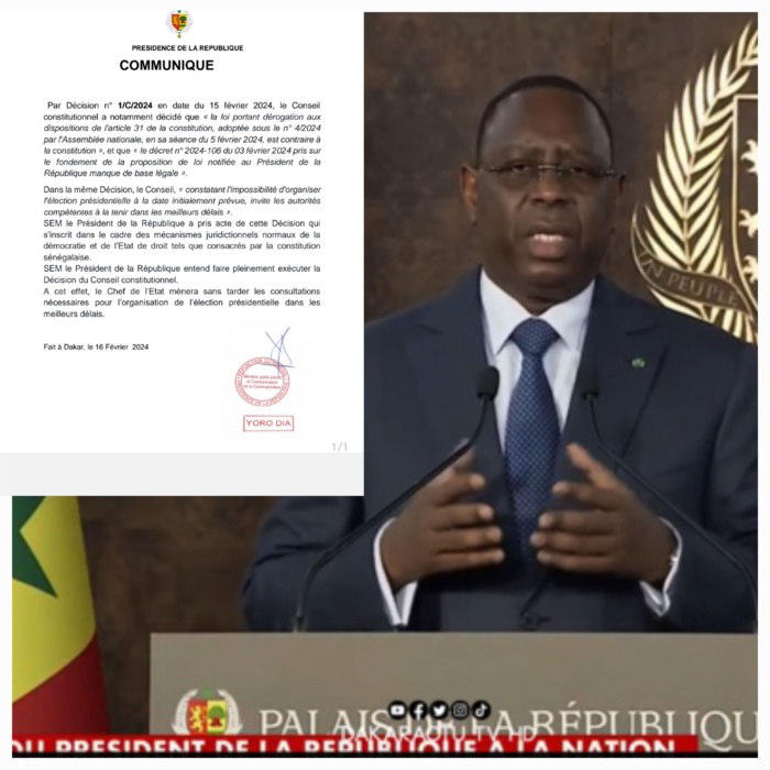 Décision du CC: Macky Sall compte exécuter la décision...et organiser l'élection dans les meilleurs délais Décision du CC: Macky Sall compte exécuter la décision...et organiser l'élection dans les meilleurs délais